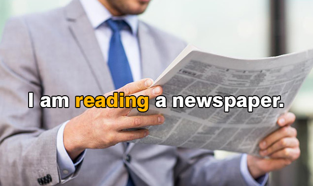 Penggunaan kata kerja bentuk pertama yang ditambah –ing pada akhir kata. baca koran